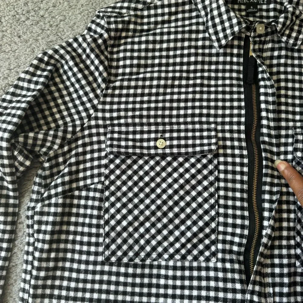 NEW J. Crew Shirt Mens‎ Small Black White Check Gingham Flannel Popover Zip Top